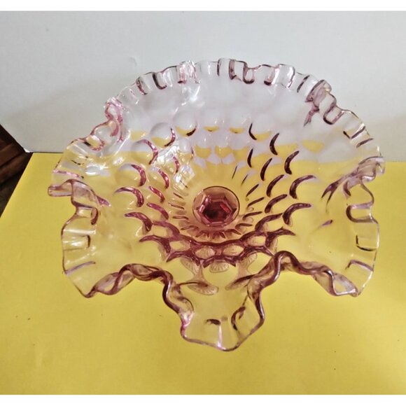 Fenton Peach Pink Glass Footed Bowl Double Ruffled Rim. 7" Tall 8" wide - Picture 5 of 15